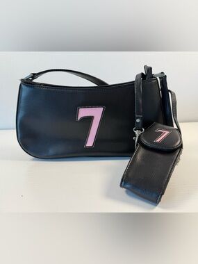 Black Leather Shoulder Bag with Pink Number Accent